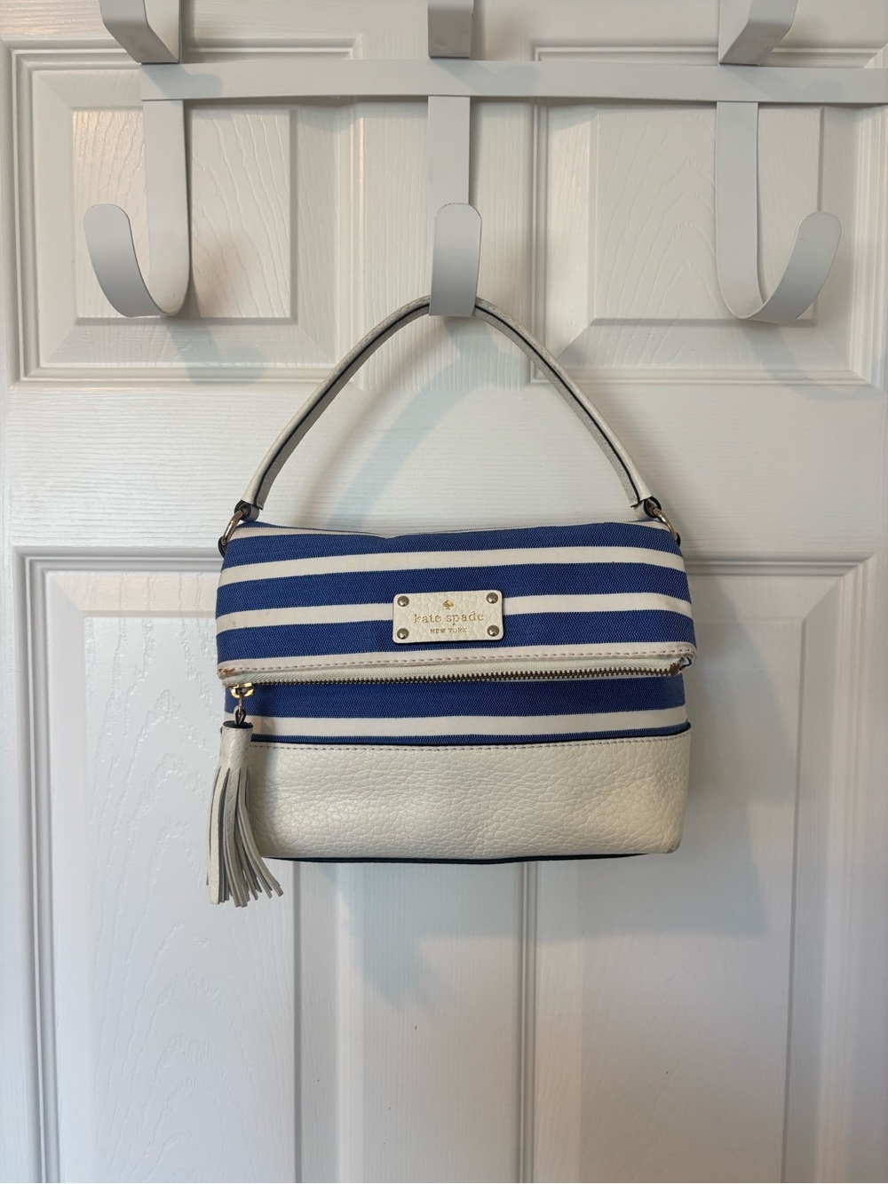 kate spade Blue and White Striped Shoulder Bag with Tassel